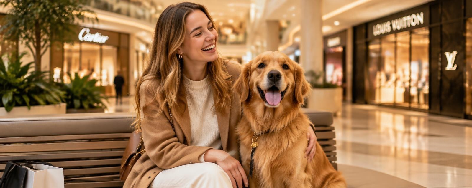 Persona sonriendo junto a su perro en un centro comercial